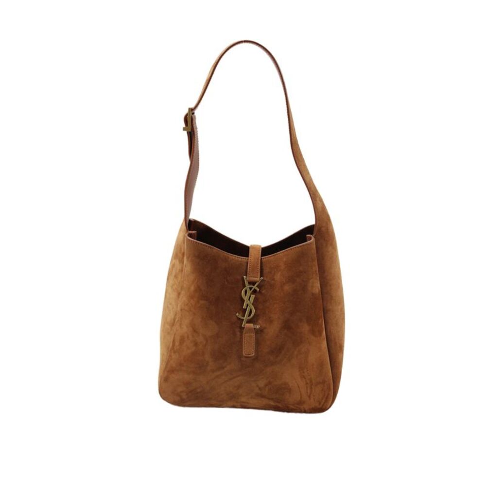 Saint Laurent Womens Le 5 A Suede Gold Hardware Open Top Shoulder Handbag Cognac